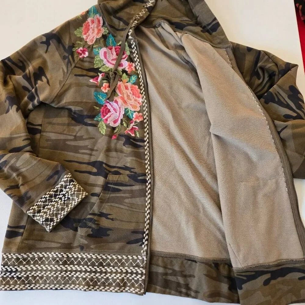 Johnny Was Womens Floral Camo Embroidered Zip Up Hoodie Green Pink Size Large